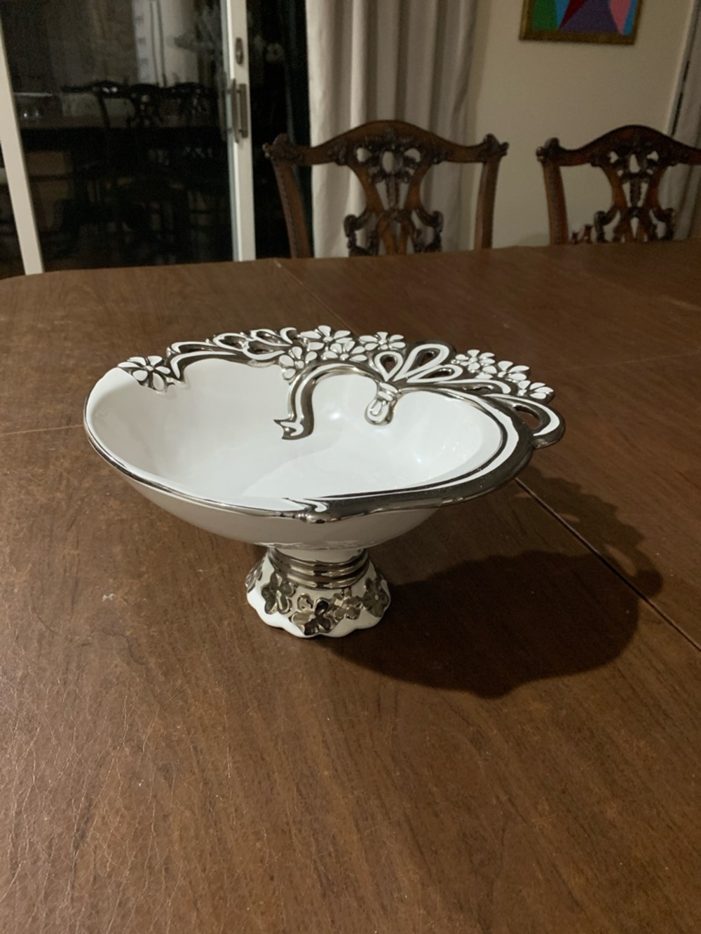 White and Silver Decorative Pedestal Bowl with Floral Accent
